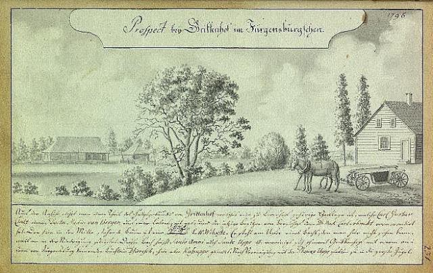 Ein altes Buch mit einer Zeichnung eines von Pferden gezogenen Wagens vor einem Haus, umgeben von Bäumen, Pflanzen und Gras, mit deutscher Text, der sich wahrscheinlich auf den Bau von Höfen bezieht.