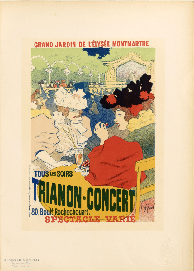 Plakat für ein Trianon-Konzert im Grand Jardin de L'Elysée Montmartre, das Menschen zeigt, die um einen Tisch mit einem Weinglas in der Mitte sitzen, und Text, der das Ereignis beschreibt.