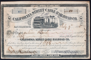 A California Street Cable Railroad Co. stock certificate featuring a train illustration and text on a black background.