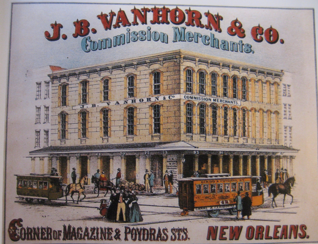 Ein Plakat von J.B. Vanhorn & Co. Commission Merchants in New Orleans, das ein Gebäude mit Fenstern, Menschen, Pferden und Wagen sowie Text zeigt.