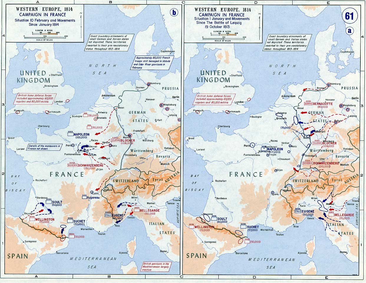 Eine historische Posterkarte von Europa während der Schlacht von Leipzig, unterteilt in Abschnitte für Europa und Frankreich, mit beschrifteten Regionen, Städten und geografischen Merkmalen.