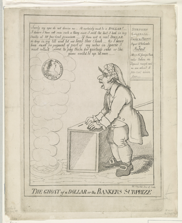 Eine Zeichnung einer Person, die vor einer Box steht und ängstlich nach oben schaut, mit der Aufschrift "The Ghost of a Dollar or the Bankers Surprize" darüber.