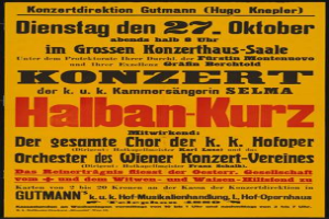 Ein gelbes Plakat wirbt für ein Konzert in Berlin, Deutschland, mit der Aufschrift 'Konzert Halban-Kurz'.