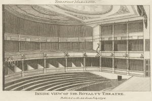 Schwarzes und weißes architektonischesDrawing des Inneren des Königlichen Theaters, das das Auditorium, die Treppe, das Geländer, die Beleuchtung und die Decke zeigt, mit Text unten.