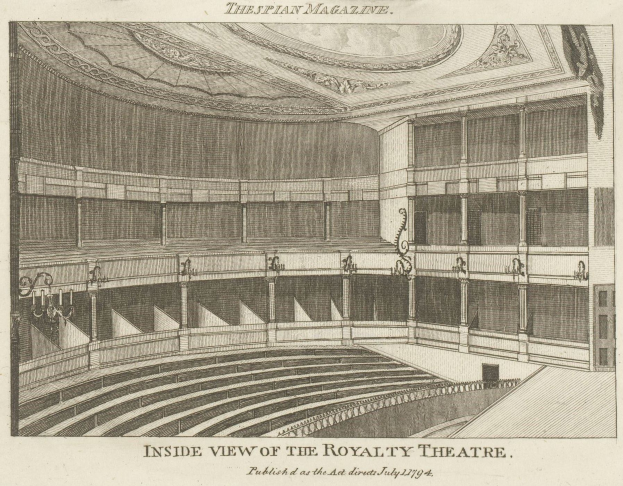 Schwarzes und weißes architektonischesDrawing des Inneren des Königlichen Theaters, das das Auditorium, die Treppe, das Geländer, die Beleuchtung und die Decke zeigt, mit Text unten.