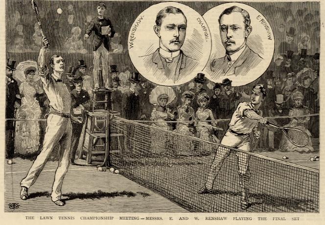 Schwarze und weiße Zeichnung von zwei Männern, die Tennis auf einem Platz mit einem Netz spielen, Zuschauern im Hintergrund und Text unten, der "The Lawn Tennis Championship Meeting - Messers. E und W Renshaw Playing the Final Set." lautet.