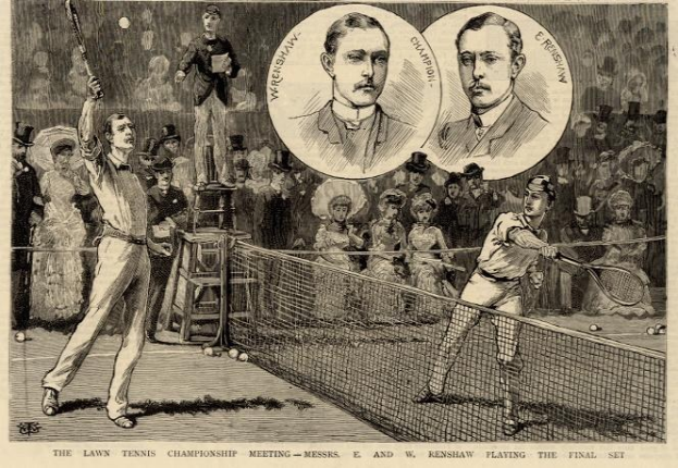 Schwarze und weiße Zeichnung von zwei Männern, die Tennis auf einem Platz mit einem Netz spielen, Zuschauern im Hintergrund und Text unten, der "The Lawn Tennis Championship Meeting - Messers. E und W Renshaw Playing the Final Set." lautet.