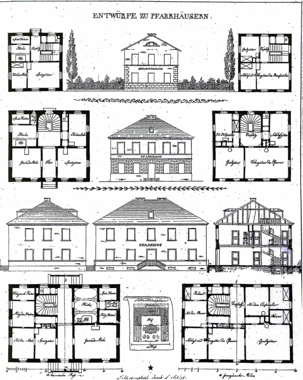 Schwarz-weißes Architekturzeichnung eines Hauses mit vielen Fenstern, umgeben von Bäumen, beschriftet mit "Pläne für ein Haus in Deutschland".