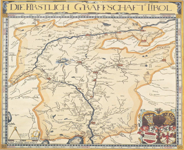 Ein detailliertes historisches Poster der ersten Grafschaft Tirol-Karte, das geografische Merkmale wie Flüsse, Berge und Städte sowie begleitenden Text über die Region und ihre Bewohner zeigt.
