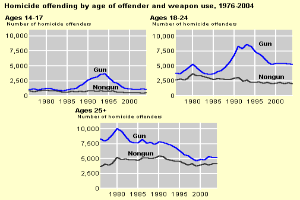 Eine Liniengrafik, die die Homicide-Offending nach Alter des Täters und Waffengebrauch von 1976 bis 2004 zeigt, mit begleitendem Text.
