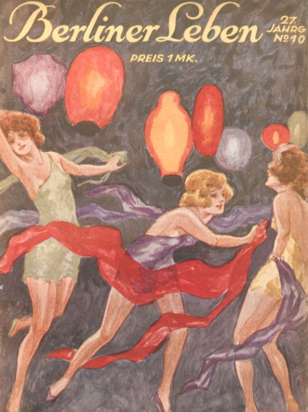 Ein Magazin-Cover mit einem Gemälde von drei Frauen in bunten Kleidern, die mit ausgestreckten Armen tanzen, umgeben von farbigen Ballons, mit dem Text 'Berliner Leben'
