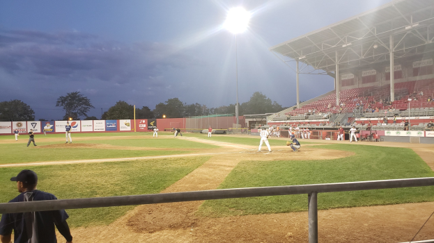 Baseballspiel im Gange mit Zuschauern auf den Stadionplätzen, Geländer im Vordergrund, Bäume und Stadioninfrastruktur unter wolkenlosem Himmel sichtbar.