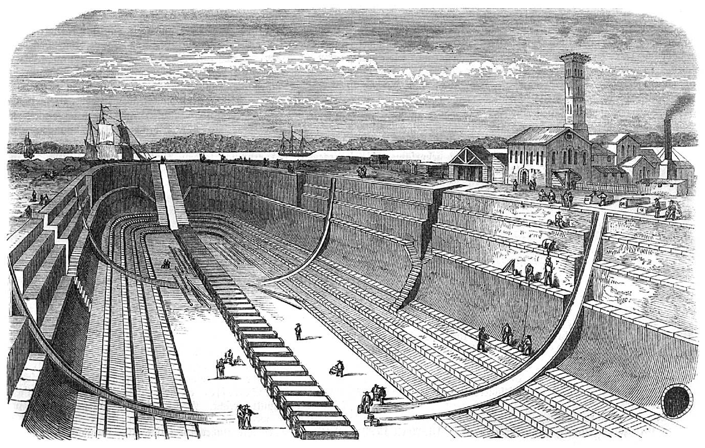 Schwarze und weiße Illustration eines großen Damms mit Menschen darauf, umgeben von Gebäuden, Bäumen und einem bewölkten Himmel, mit dem Text "Wasserwerke in den Vereinigten Staaten" unten.