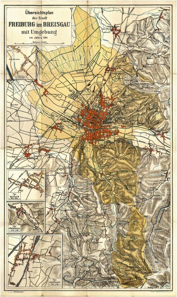 Alte detaillierte Karte von Freiburg, Deutschland, mit Straßen, Gebäuden und Sehenswürdigkeiten, mit Text oben und unten.