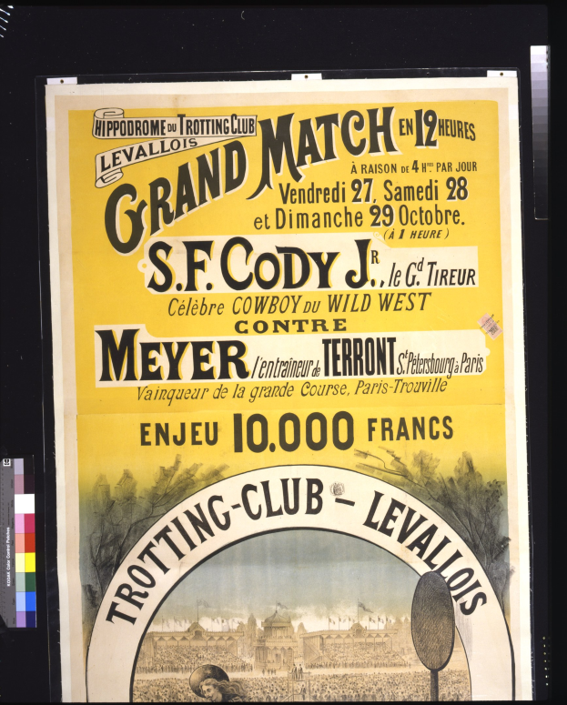 Plakatankündigung eines großen Kampfes zwischen S.F. Cody und Meyer mit Textbeschreibung.