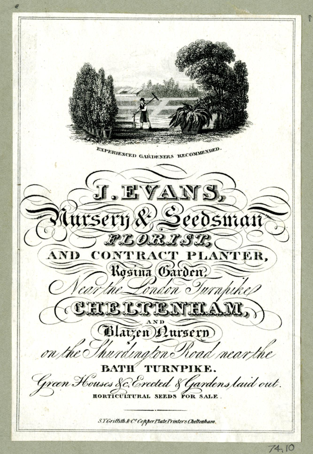 Ein altes Buch mit einem Mann in einem Garten umgeben von Bäumen und der Inschrift "J. Evans, Nursery & Seedsman, Florist and Contract Planter".
