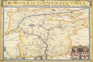 Eine detaillierte Karte der ersten deutschen Grafschaft Tirol, die geographische Elemente wie Flüsse, Berge und Städte zeigt und von informativem Text und Bildern begleitet wird.