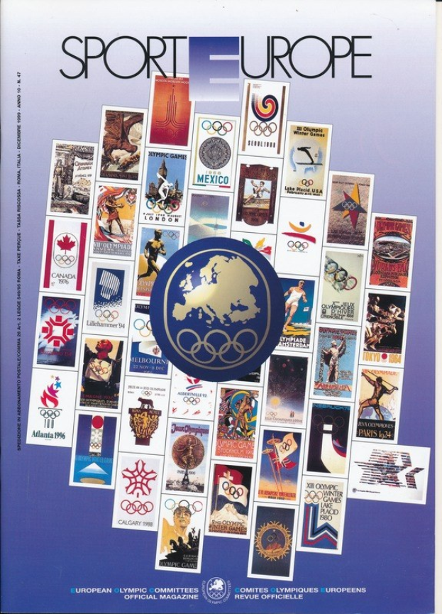Ein Buchumschlag mit dem Titel "Sport in Europa", der farbenfrohe olympische Bilder, Symbole und Texte in detaillierten Designs zeigt.