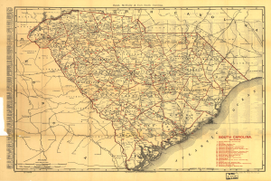 Ein altes Kartenbild von South Carolina mit sichtbaren Eisenbahnlinien, Straßen und Highways, mit Text oben und unten.