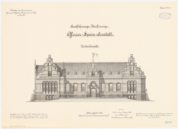 Zeichnung des Reichstagsgebäudes, der Hauptsaal des deutschen Parlaments in Berlin, mit einer Flagge über und Text darunter.