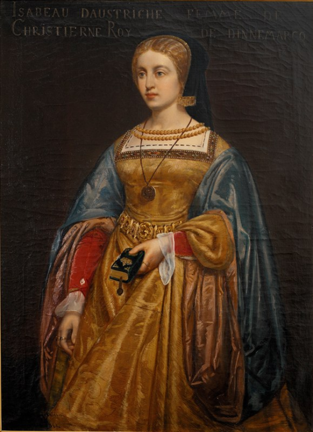 Gemälde von Isabella daustriche in einem goldenen Kleid mit detailreichem Schmuck, mit einem Dutt und gemalt von Christierne Roy, das eine friedliche und würdige Miene zeigt.