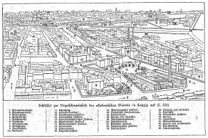 Schwarz-weißer Architekturplan von Berlin mit Gebäuden, Bäumen und Masten, beschriftet mit "Künstler's plan of Berlin" unten.
