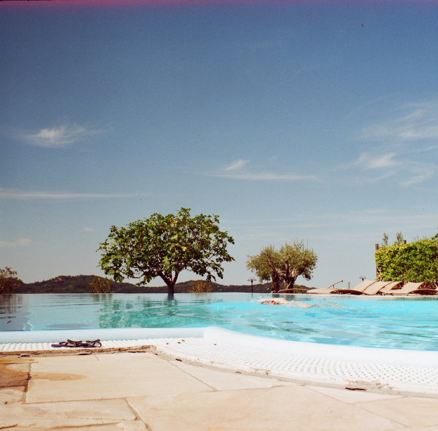 Eine Person, die in einem Pool schwimmt, mit Bänken, Bäumen, Pfosten, Hügeln und einem bewölkten Himmel im Hintergrund.
