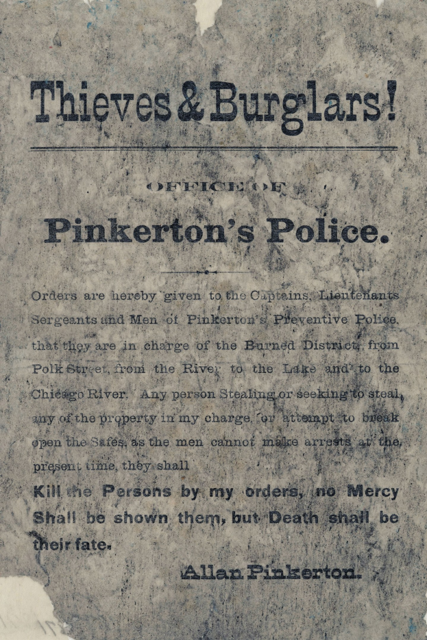 Plakat mit fetter schwarzer Schrift "Diebe & Einbrecher Pinkerton's Polizei" auf weißem Hintergrund, umrahmt von einem schmalen schwarzen Rand.