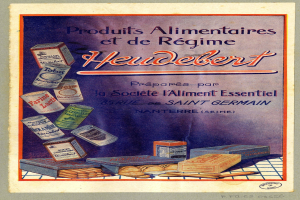 Plakat mit der Aufschrift "Heidelberg - Produkte für Ernährung und Diät Heidelberg" mit verschiedenen Lebensmitteln und Verpackungskartons.