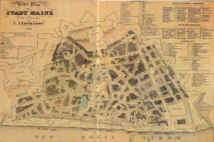 Alte detaillierte Karte von Stadt Mainz, Deutschland, zeigt Straßen, Gebäude und Sehenswürdigkeiten auf altem Papier.