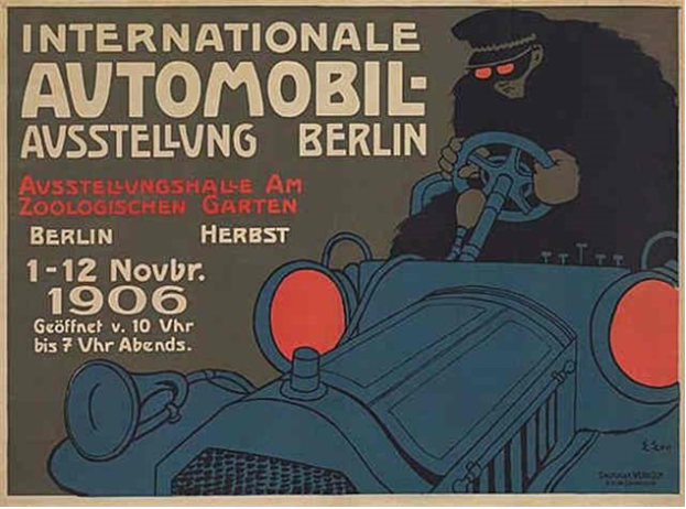 Ein Plakat, das eine internationale Automesse in Berlin ankündigt, mit einer Karikatur eines Menschen, der ein Auto fährt, und Text.