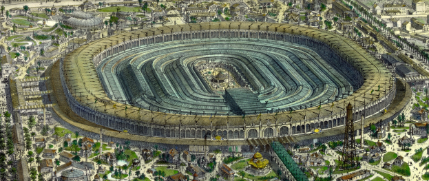 Eine Luftaufnahme eines großen Stadions, das von Gebäuden, Bäumen und Gras umgeben ist.