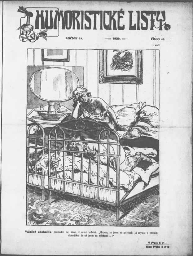 Schwarze und weiße Illustration einer Person, die auf einem Bett liegt, mit einem Spiegel auf dem Nachttisch und einem Rahmen an der Wand, begleitet von Text, der "humoristicke list - czechoslovakia - april 20, 1920" oben und unten liest.