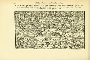 Ein aufgeschlagenes Buch mit dem Titel "Das Buch der Jagd" zeigt eine Zeichnung von einer Gruppe von Menschen, die in einer grünen Landschaft mit Bäumen und Bergen jagen.