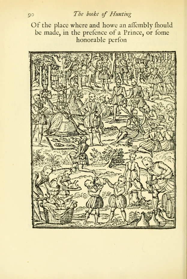 Ein aufgeschlagenes Buch mit dem Titel "Das Buch der Jagd" zeigt eine Zeichnung von einer Gruppe von Menschen, die in einer grünen Landschaft mit Bäumen und Bergen jagen.