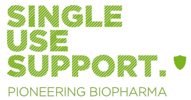 Weißer Hintergrund mit fettgrünem Text, der "single use support pioneering biopharma" lautet.