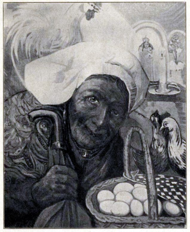 Eine ältere Frau mit einem Korb voller Eier, umgeben von mehreren Hennen, mit Text am unteren Bildrand.