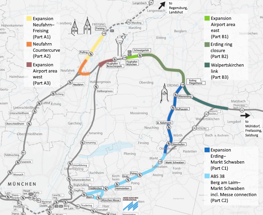 Eine detaillierte Stadtkarte, die eine Zugroute von München nach Frankfurt mit markierten Haltestellen, Entfernung und zusätzlichen Zuginformationen hervorhebt.