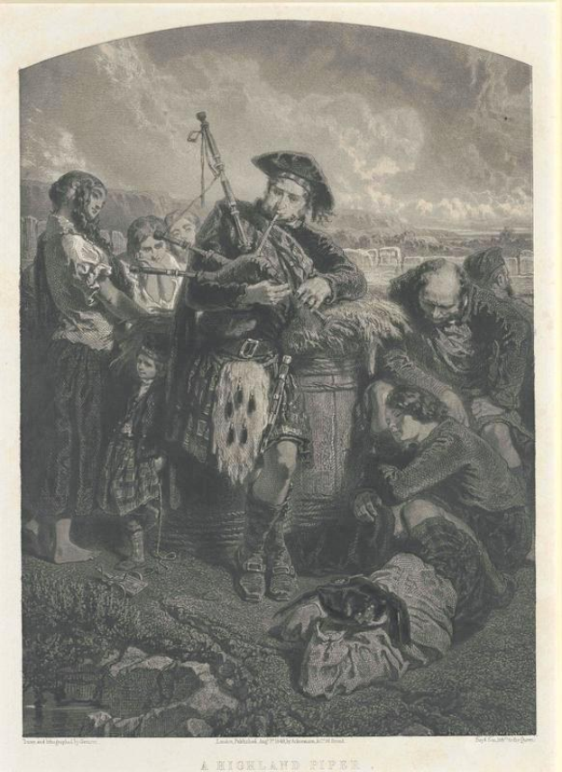 Schwarz-weißes Gravur von einem Mann, der vor einem Publikum eine Dudelsack spielt, mit dem Text "Ein Highland Pipe" unten.
