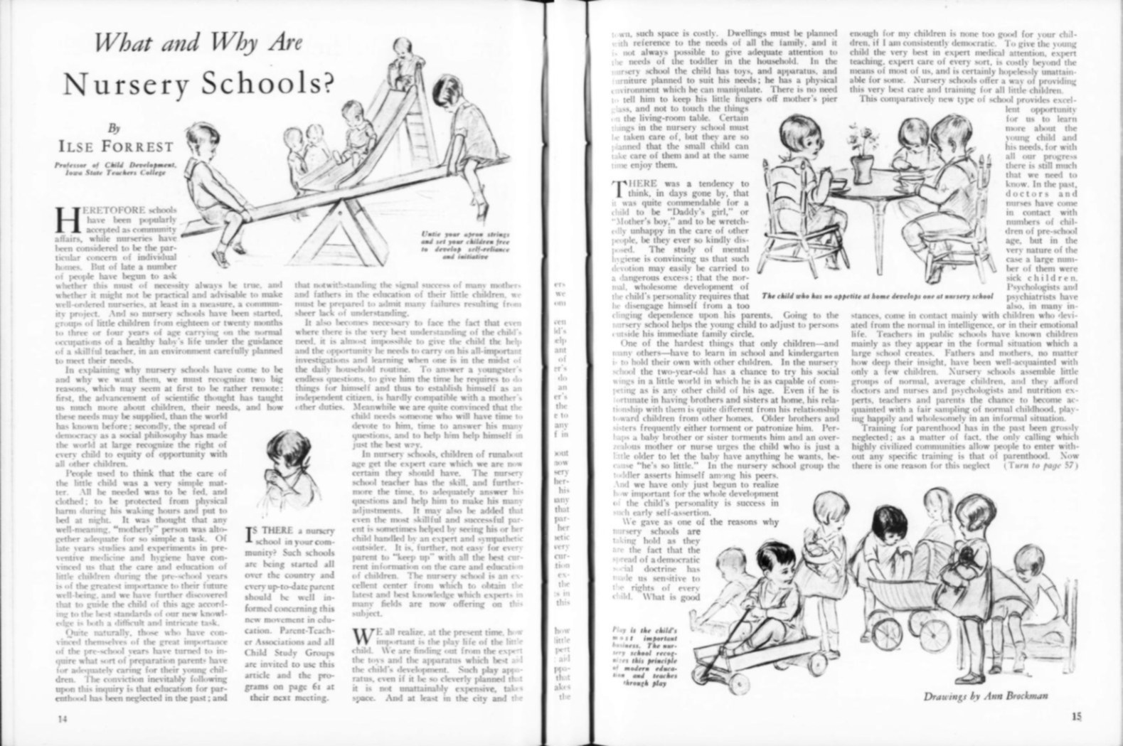 Offenes Buch mit einer Zeichnung von spielenden Kindern in einer Kita, mit Text, Bildern und einer Tabelle mit Gegenständen.