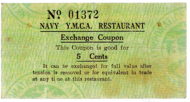 Ein Blatt mit der Aufschrift "Navy YMCA Restaurant Exchange Coupon".