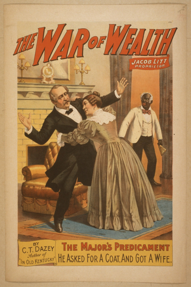 Ein Plakat, das einen Mann und eine Frau in einem Raum mit einer Couch, einer Uhr und Lampen zeigt, mit der Aufschrift "Der Krieg des Reichtums: Das Dilemma des Majors Er bat um einen Mantel und bekam eine Frau."