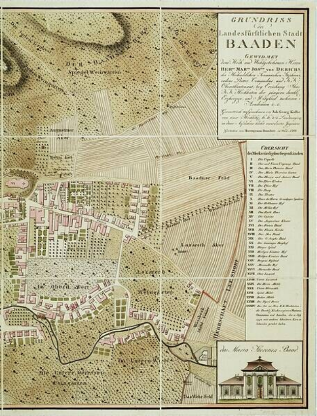 Detailreiches altes Stadtplan von Baden-Württemberg, Deutschland, mit einem Gebäude in der rechten unteren Ecke, das Straßen, Gebäude und andere Merkmale zeigt, begleitet von Text, der zusätzliche Stadtinformationen bereitstellt.