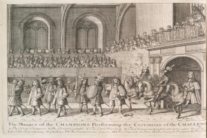 Eine Zeichnung einer Gruppe von Menschen, einige zu Pferd, vor einer Menge mit einem Gebäude im Hintergrund, beschriftet mit "Die Art und Weise, wie die Meister die Zeremonie der Herausforderung durchführen".