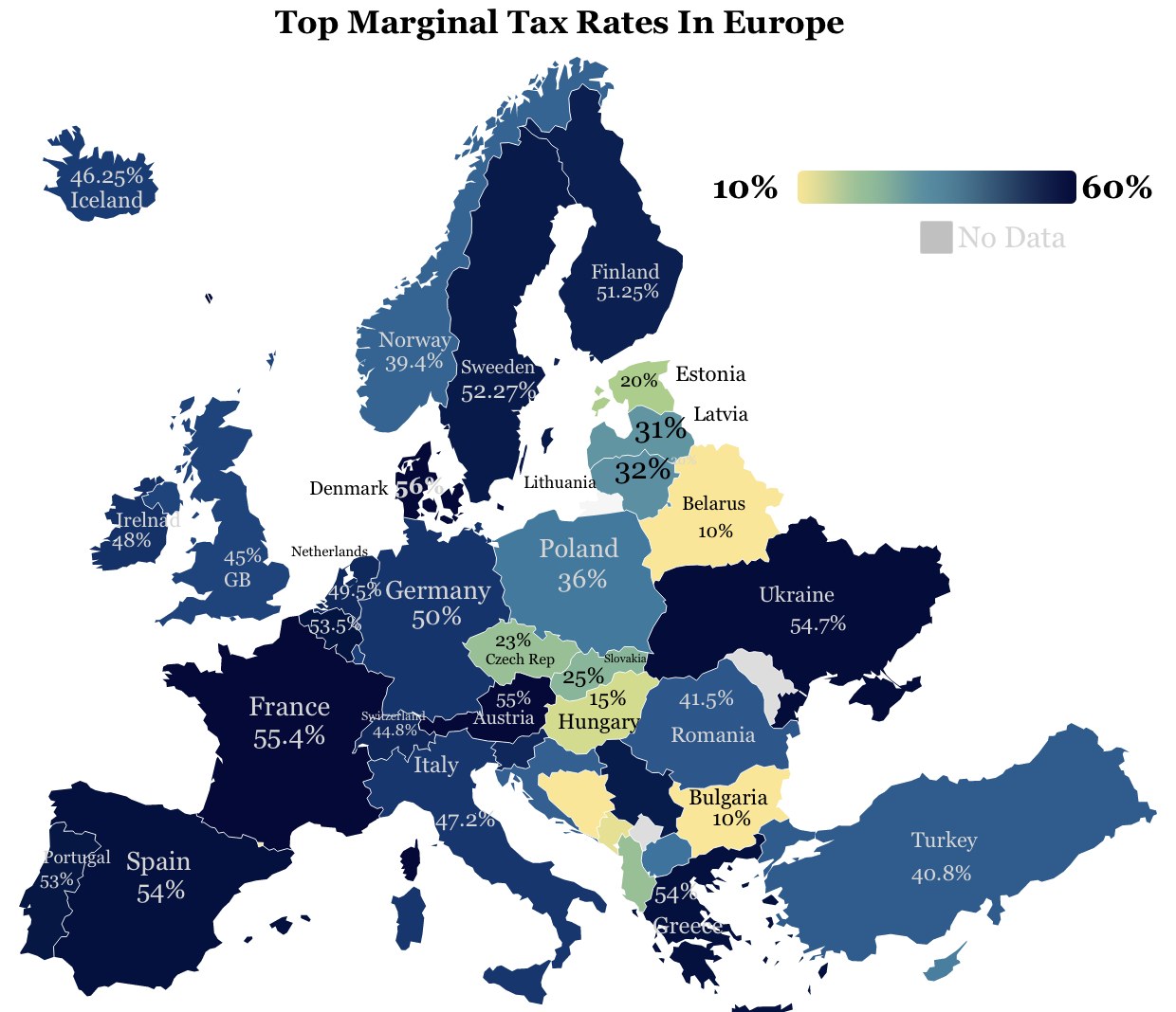 Eine Europakarte mit Farben, die die Spitzensatzsteuer in jedem Land anzeigen, mit der Überschrift "Spitzensatzsteuern in Europa".