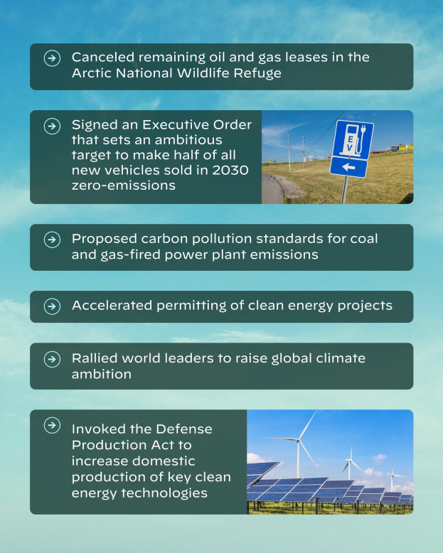 Plakat mit dem Text "Aufgehobene verbleibende Öl- und Gas-Leasen im Arctic National Wildlife Refuge" mit Bildern von Solarpanelen und Windrädern gegen einen bewölkten Himmel.
