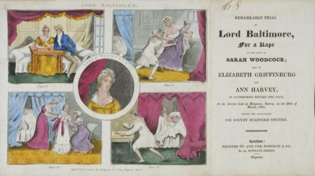 Illustration einer historischen Gerichtsszene mit einem Dokument, das Personen, Vorh├Ąnge und Text zum Prozess für eine Vergewaltigung zeigt.