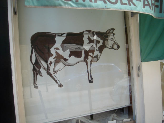 Ein Bild einer Kuh auf einem weißen Blatt, das mit Glas bedeckt ist, mit einem Banner darüber, einem grünen Blatt rechts daneben und einer weißen Wand im Hintergrund.