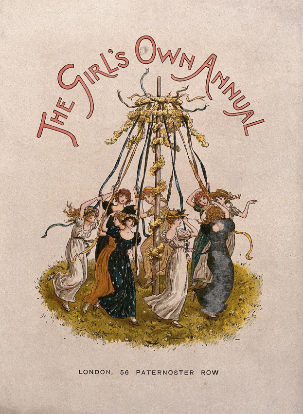 Schwarze-Weiß-Illustration aus 'The Girl's Own Annual', die eine Gruppe von Menschen in farbenfrohen Kändeln um einen geschmückten Maibaum tanzen zeigt.