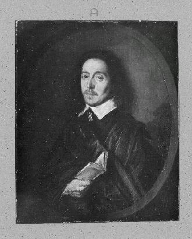 Schwarzes und weißes Porträt eines Mannes in einem schwarzen Anzug, weißem Hemd und schwarzer Krawatte mit ernstem Gesichtsausdruck, verschränkten Händen und aufrechter Haltung, bei dem es sich angeblich um William Shakespeare handelt.